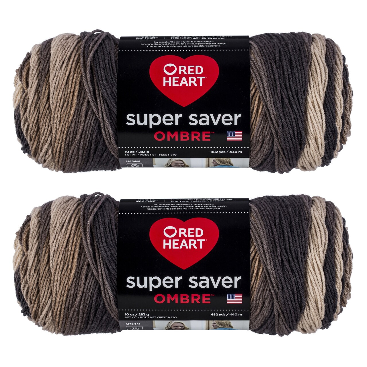 Red Heart Super Saver Jumbo Hickory Ombre Yarn - 2 Pack of 283g/10oz - Acrylic - 4 Medium (Worsted) - 482 Yards - Knitting/Crochet